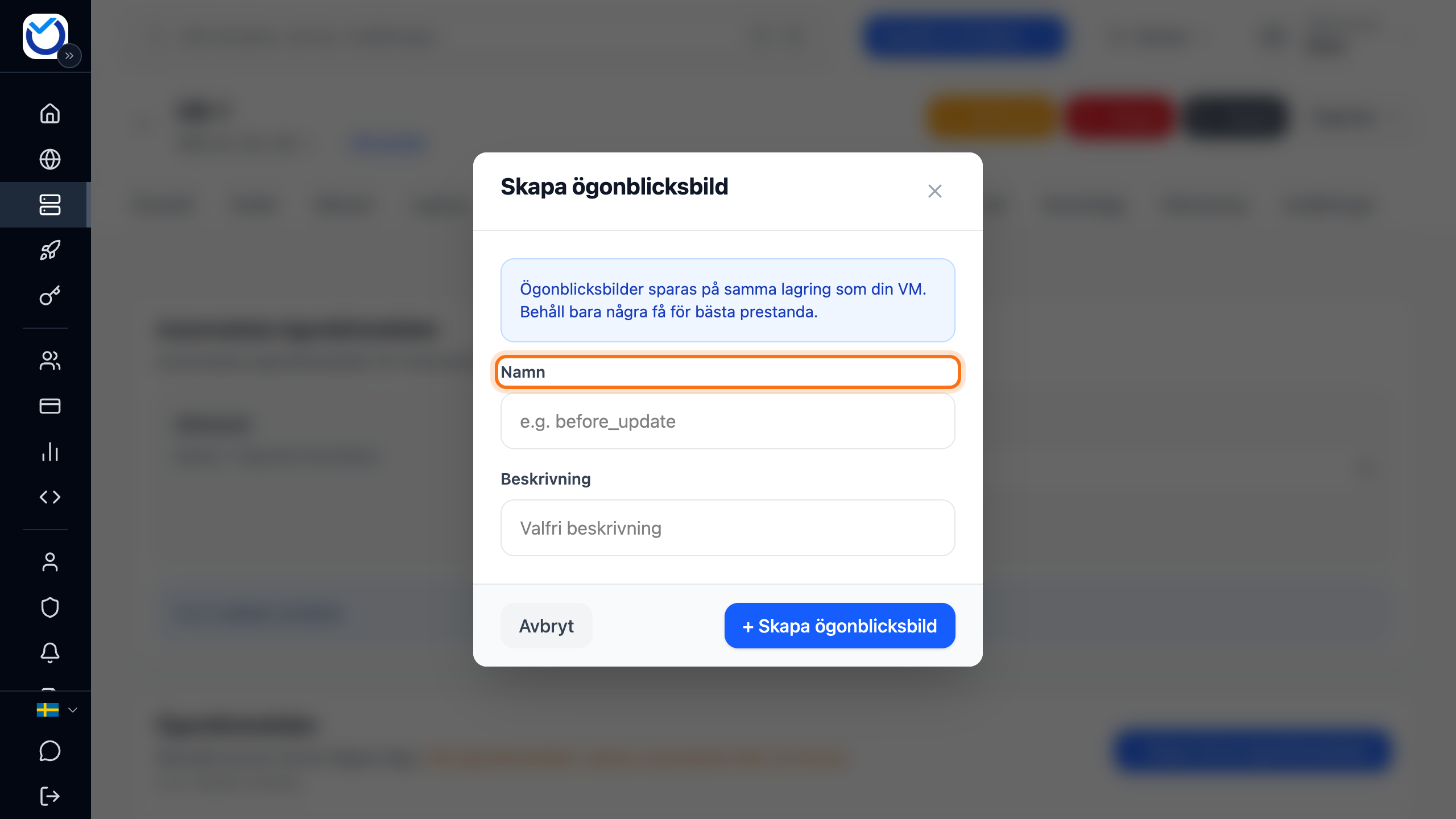 Rutan Skapa ögonblicksbild med fältet Namn markerat