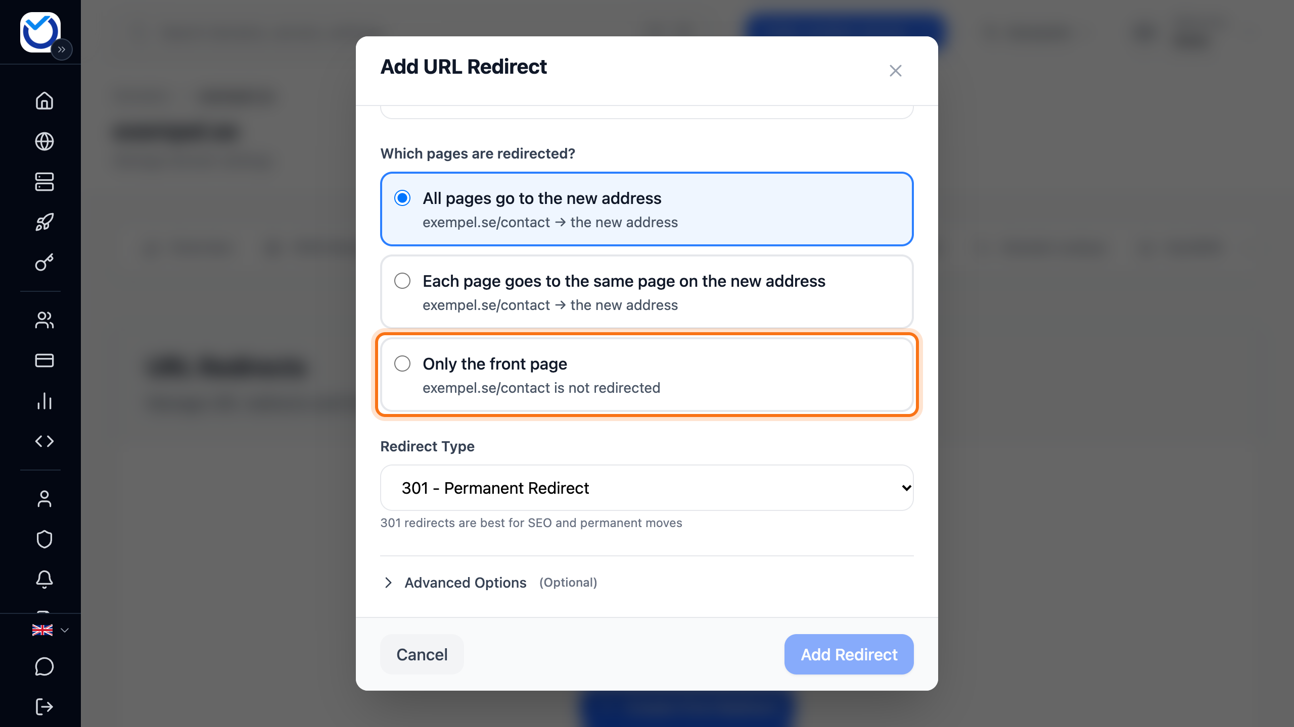The Add URL Redirect dialog with the three choices for which pages are redirected. The Only the front page choice is framed