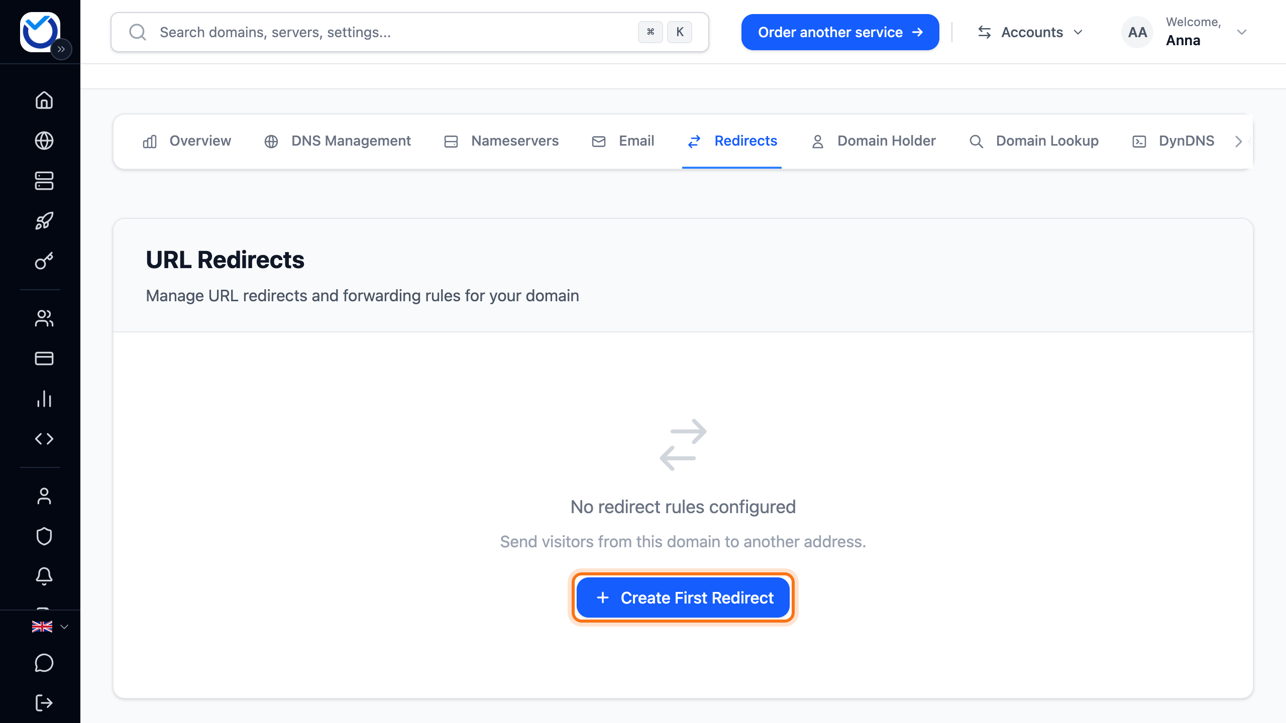 The Redirects tab with no redirects yet, with the Create First Redirect button framed