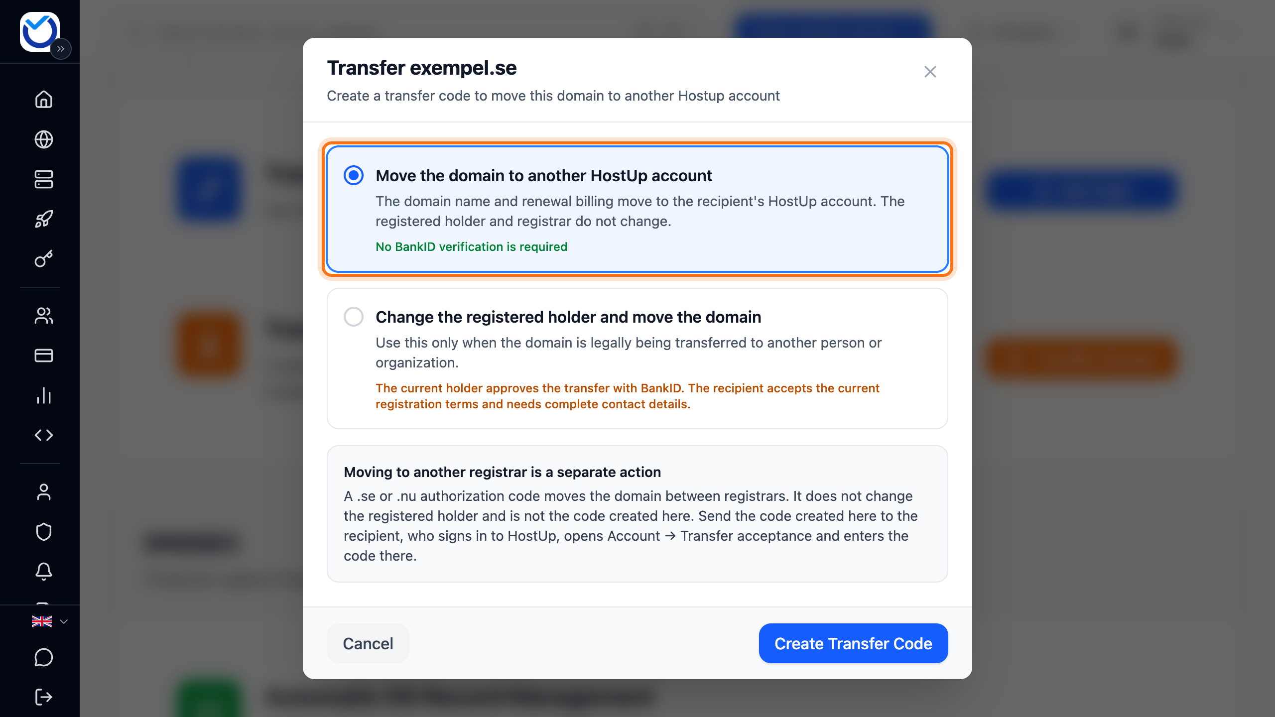 The Transfer dialog with the Move the domain to another HostUp account option framed