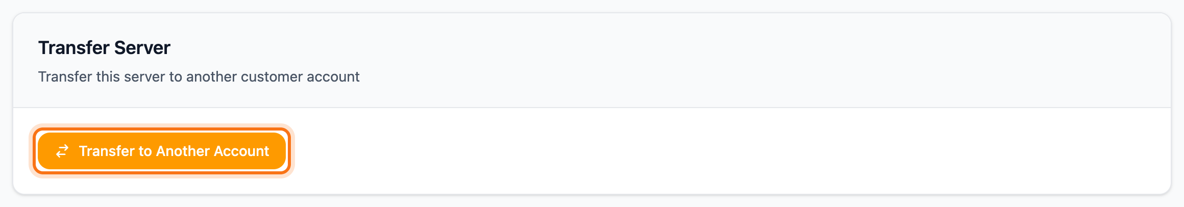The Settings tab of a VPS with the Transfer to Another Account button framed