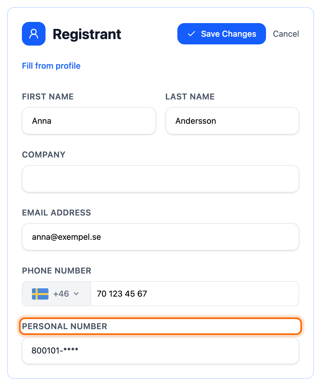 The holder form with the Personal Number field framed