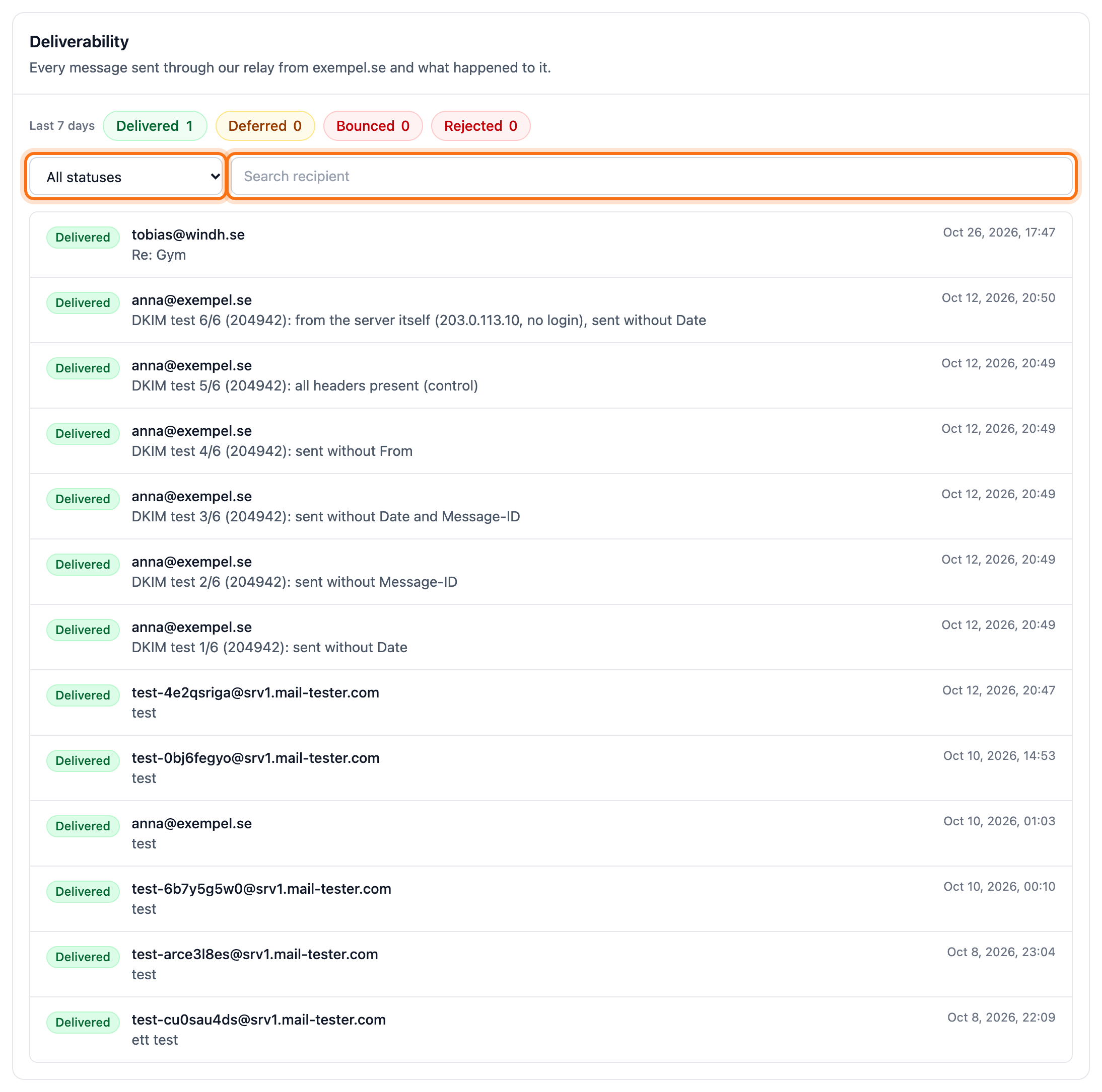 The Deliverability part of the domain’s Email tab with the status list and the search field framed