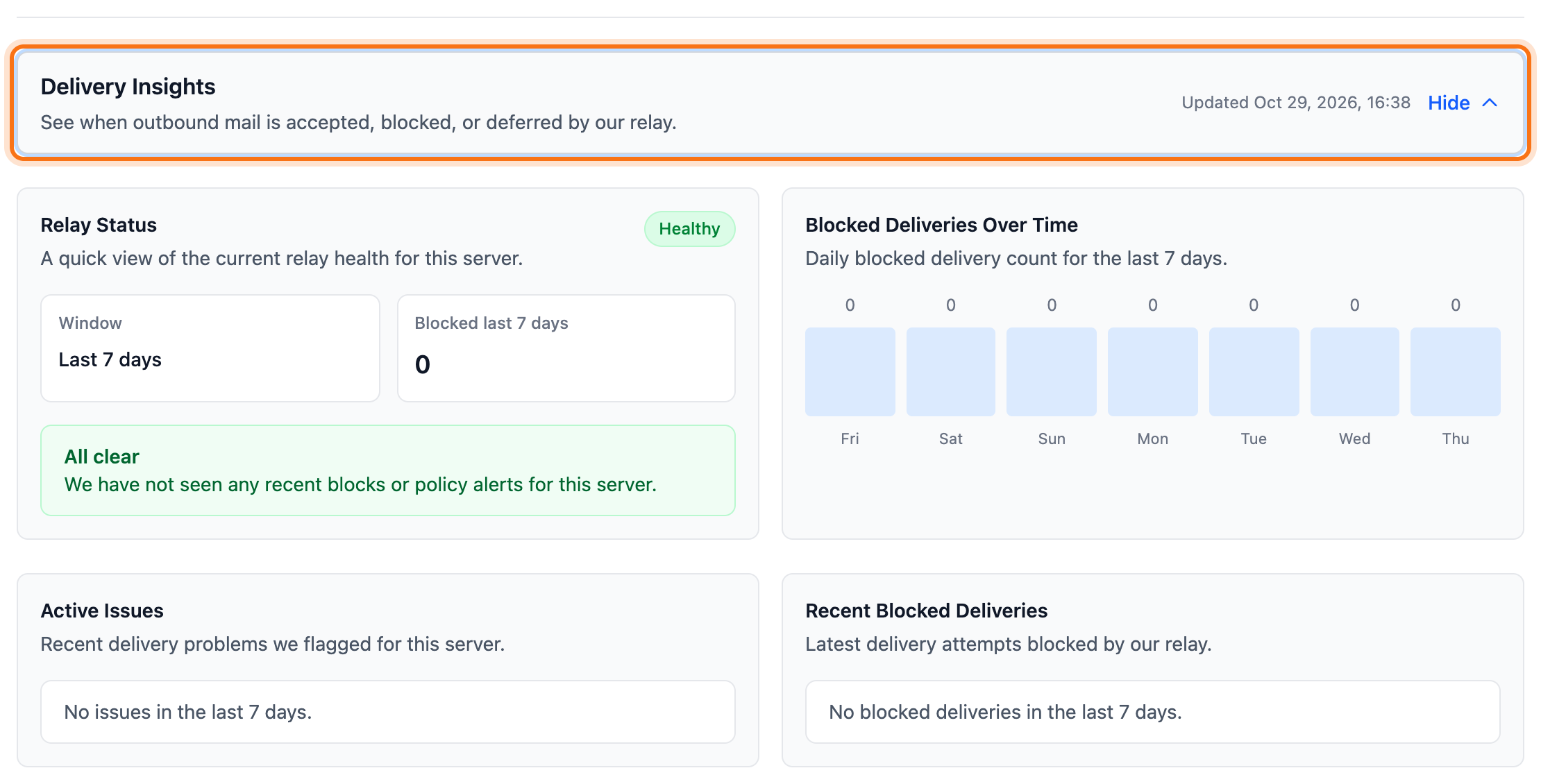 The Email Sending box with Delivery Insights expanded and the Delivery Insights button framed