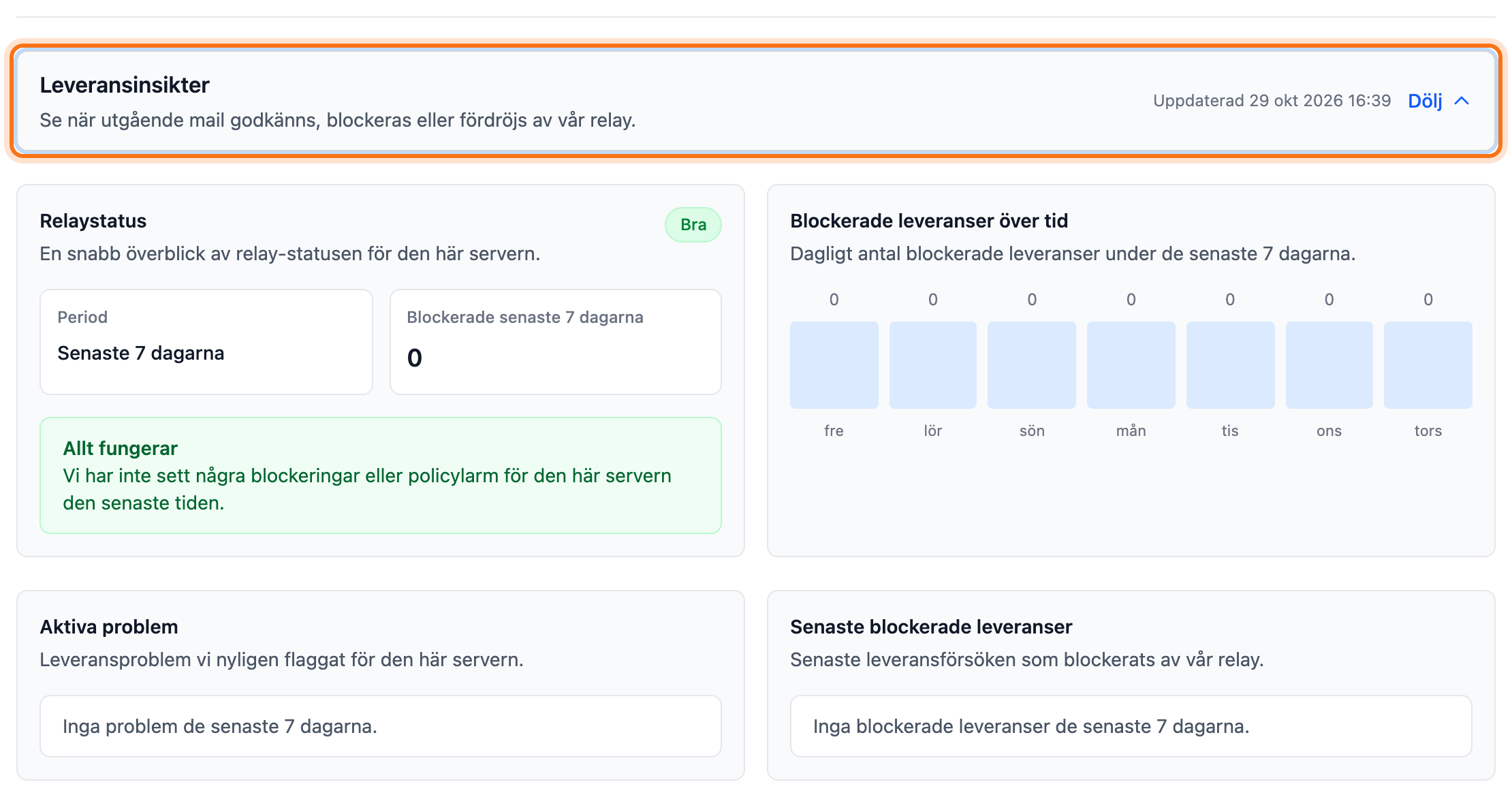 Rutan E-postutskick med Leveransinsikter utfällt och knappen Leveransinsikter markerad