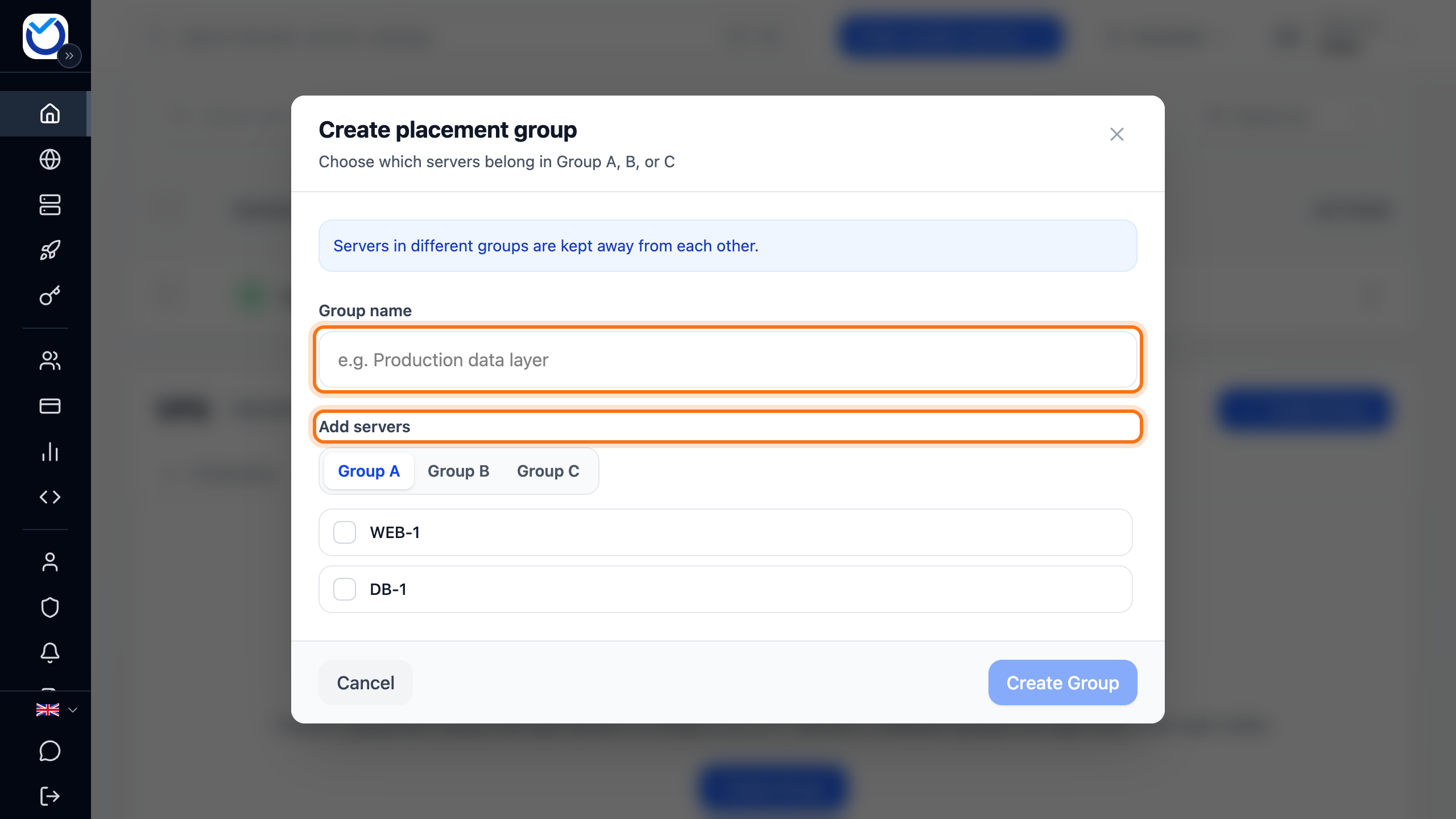 The Create placement group dialog with the Group name field and Add servers framed