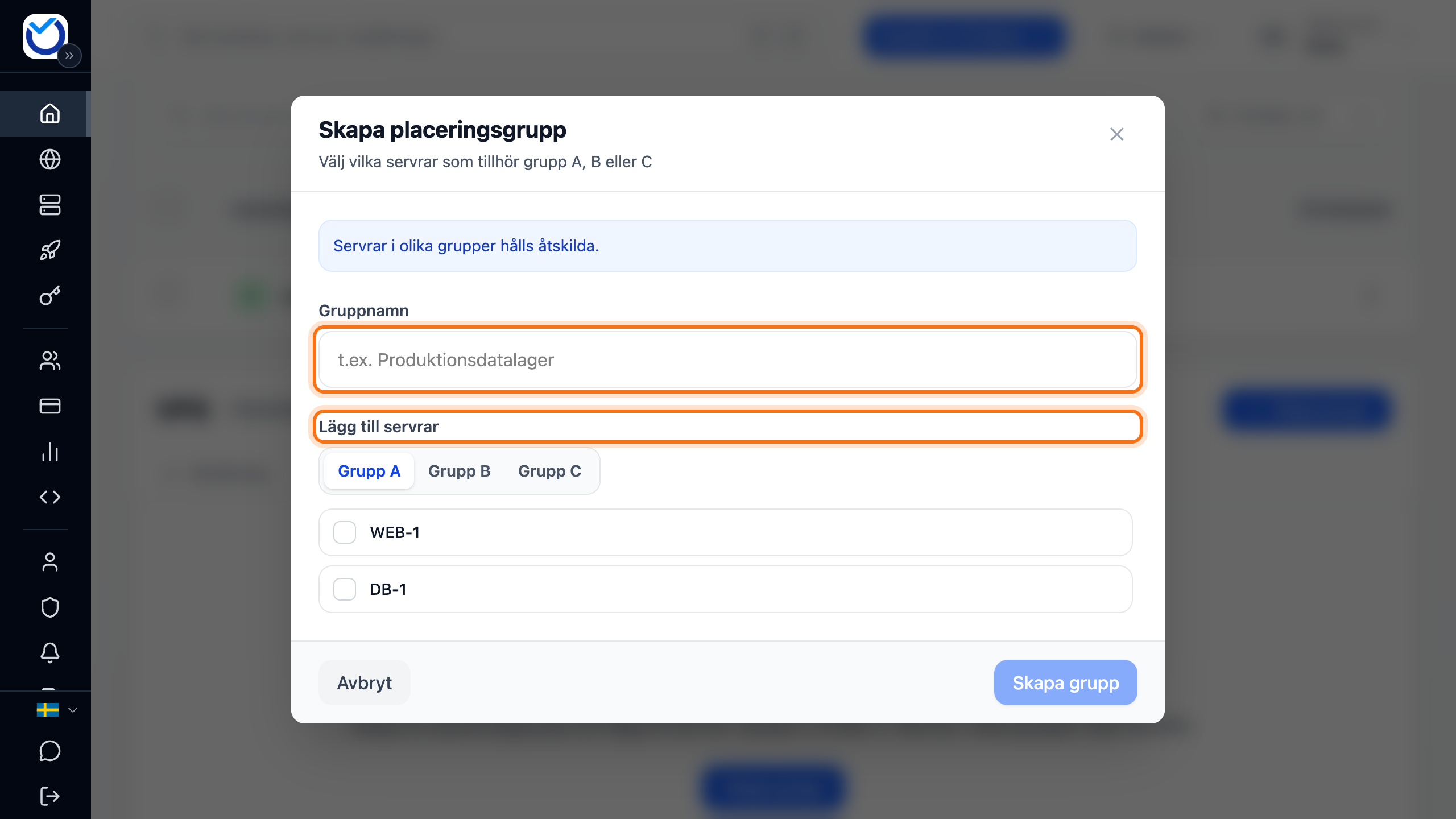Rutan Skapa placeringsgrupp med fältet Gruppnamn och Lägg till servrar markerade