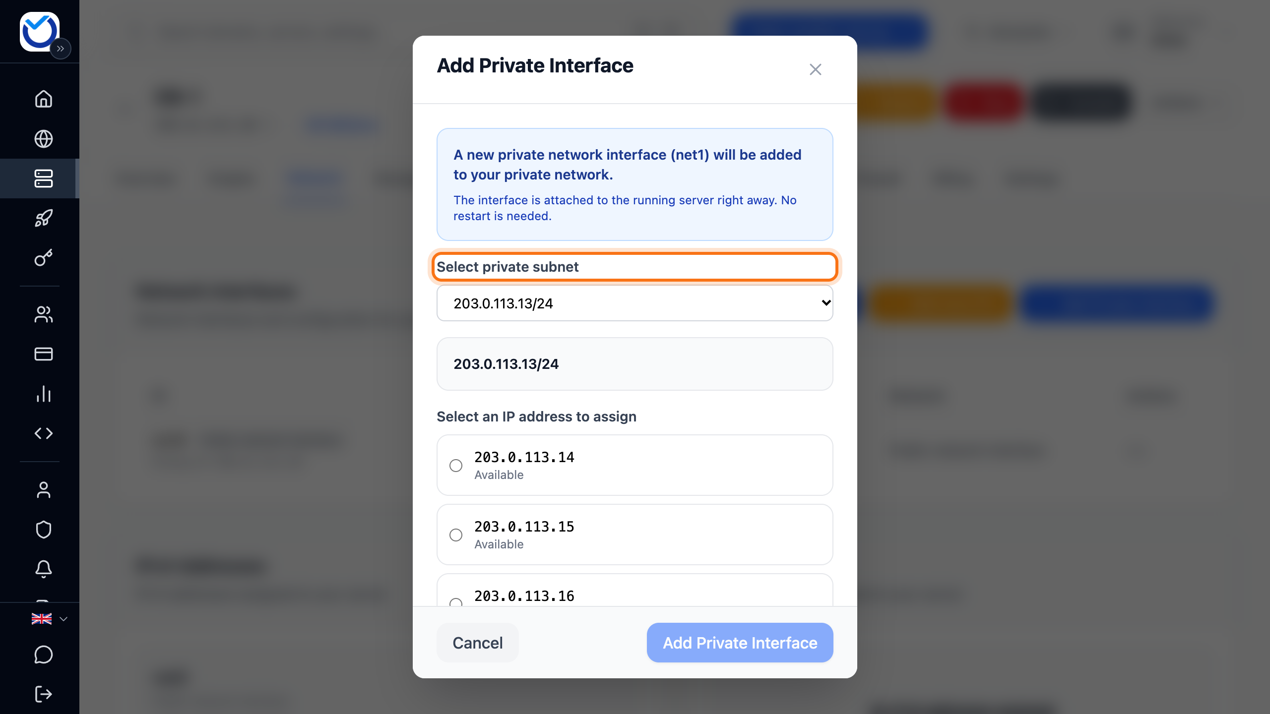 The Add Private Interface dialog with the subnet list framed