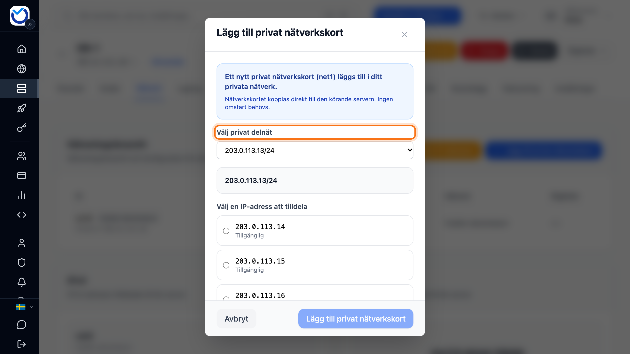 Rutan Lägg till privat nätverkskort med listan Välj privat delnät markerad