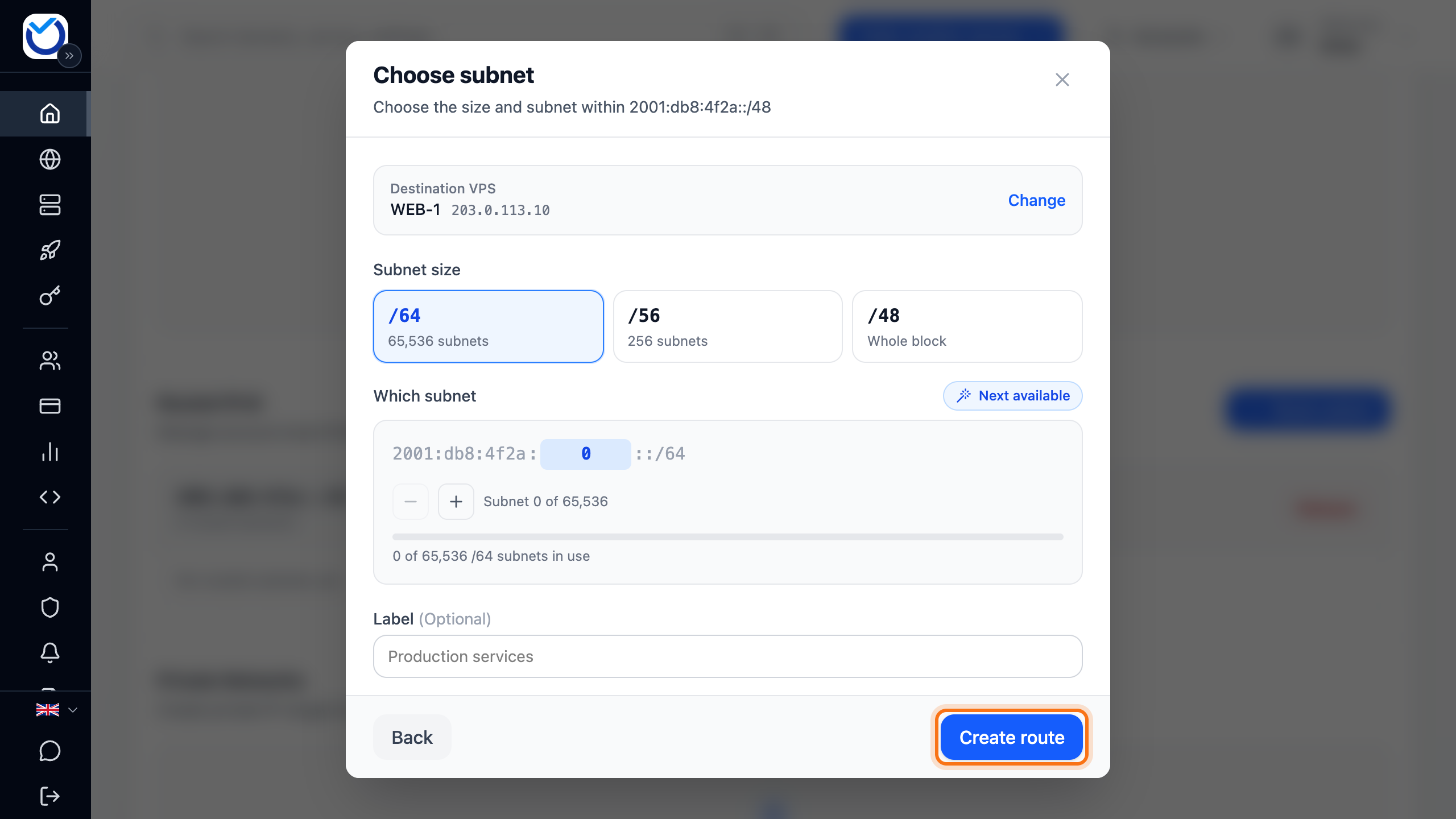 The dialog where you choose the size and subnet, with the Create route button framed