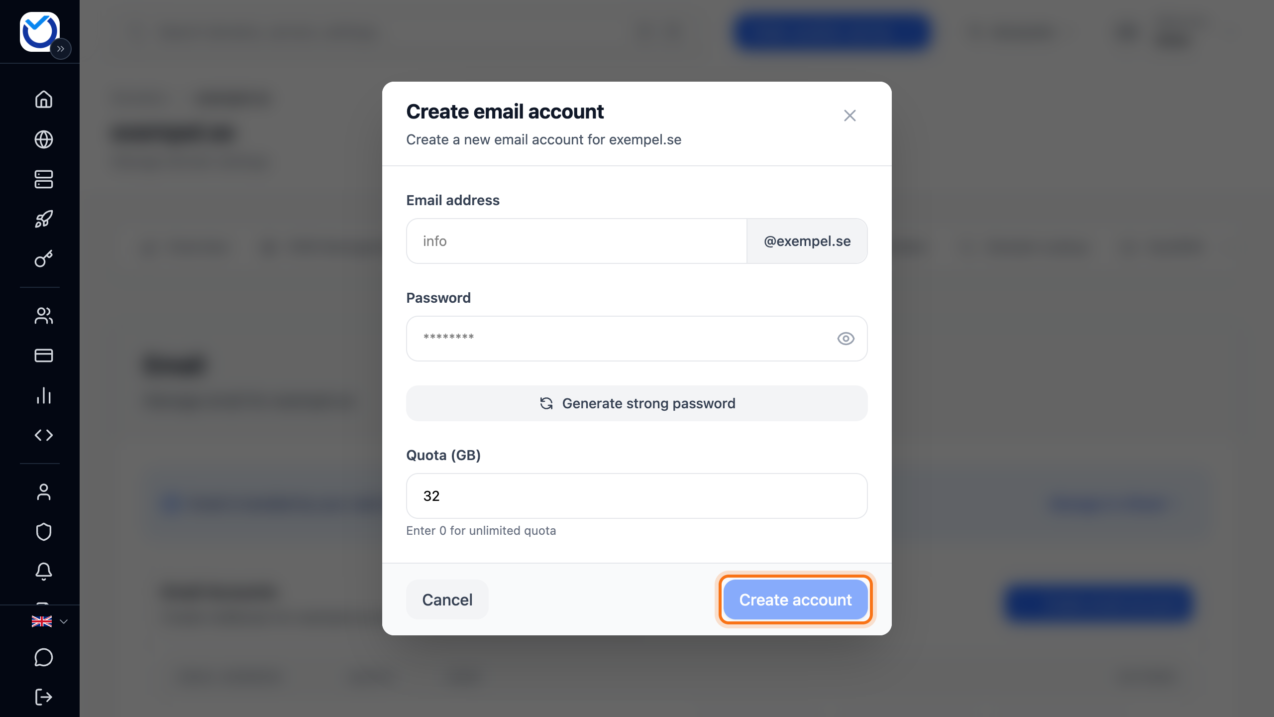 The Create email account dialog with the address, password and quota fields and the Create account button framed