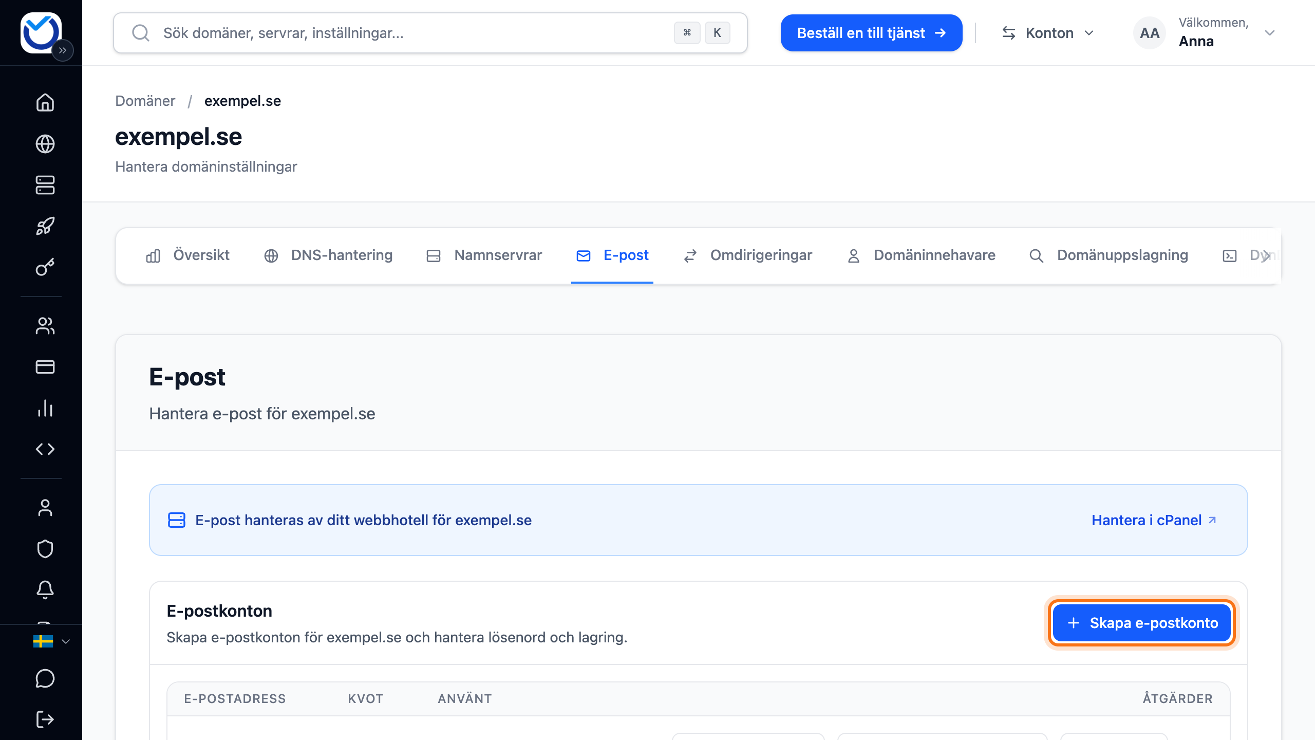 Fliken E-post med listan över e-postkonton och knappen Skapa e-postkonto markerad