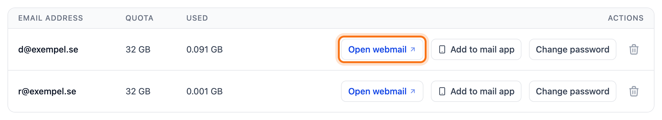 The list of email accounts with the Open webmail button framed
