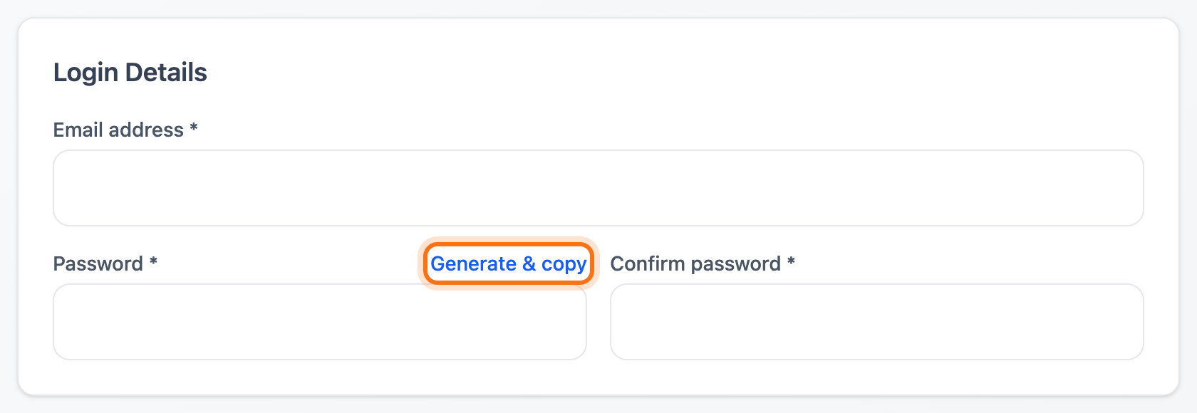 The Login Details box with the email and password fields and the Generate & copy link framed