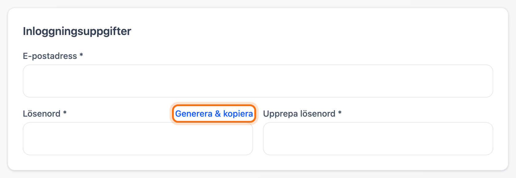 Rutan Inloggningsuppgifter med fälten för e-post och lösenord och länken Generera & kopiera markerad