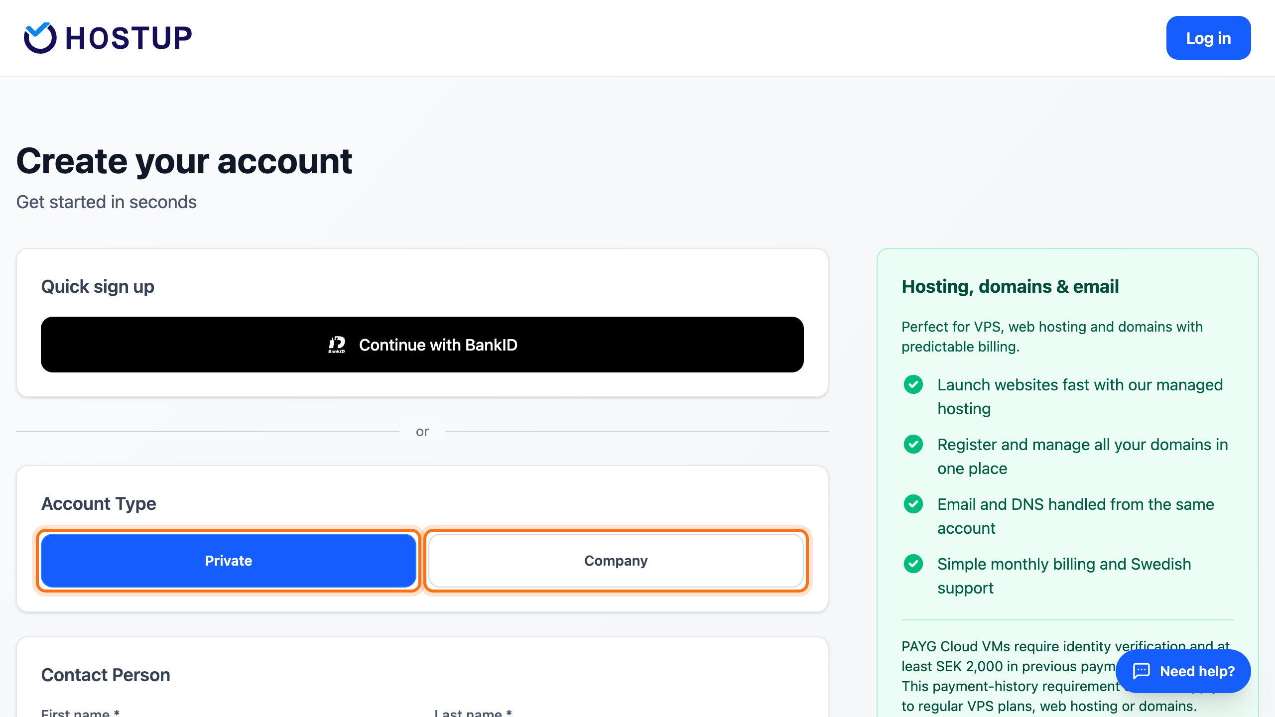 The Create your account page with the Private and Company options under Account Type framed