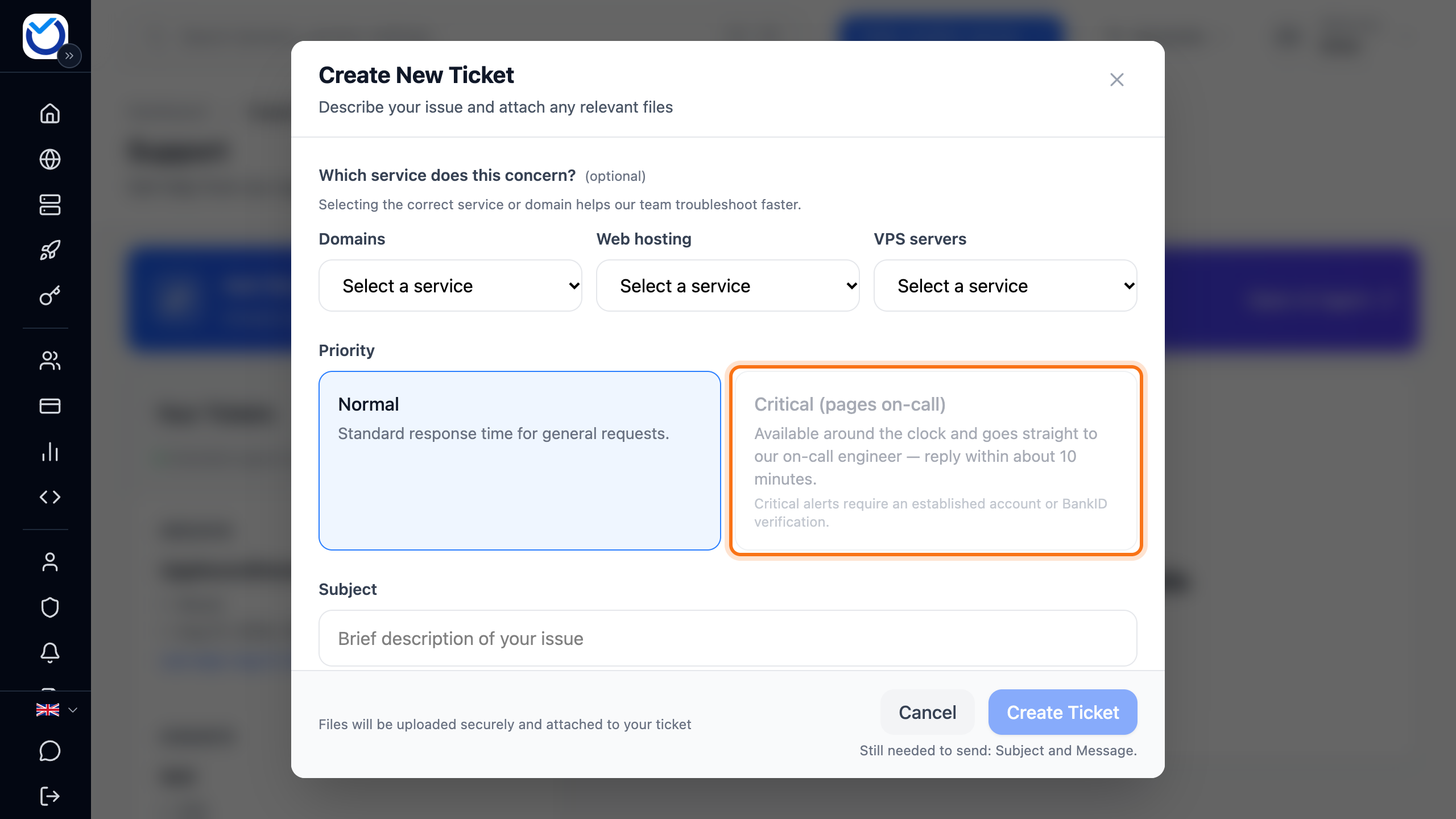 The new ticket dialog after choosing VPS, with the Critical (pages on-call) option under Priority framed