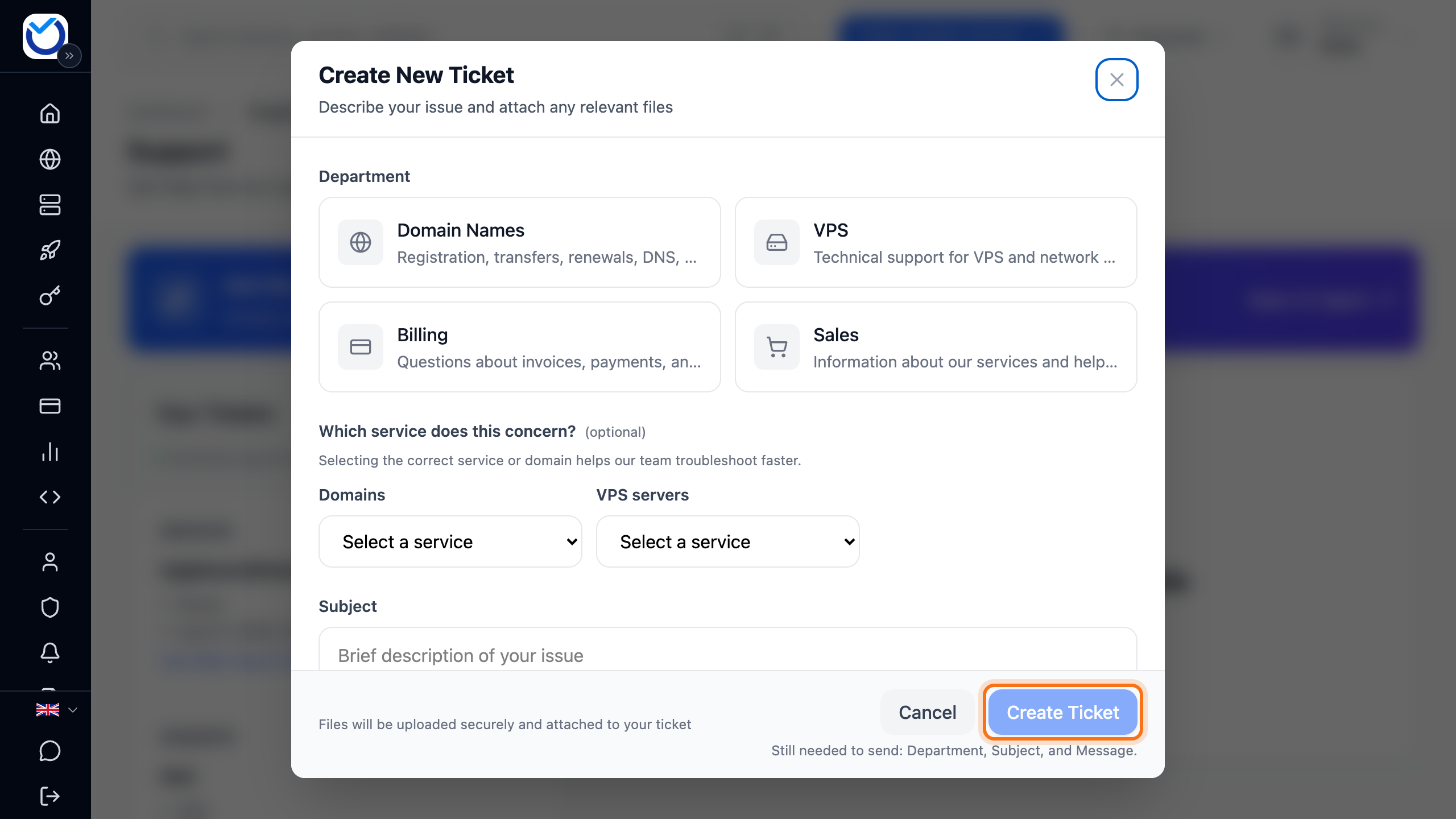 The new ticket dialog with departments, service choice and subject. The Create Ticket button is framed