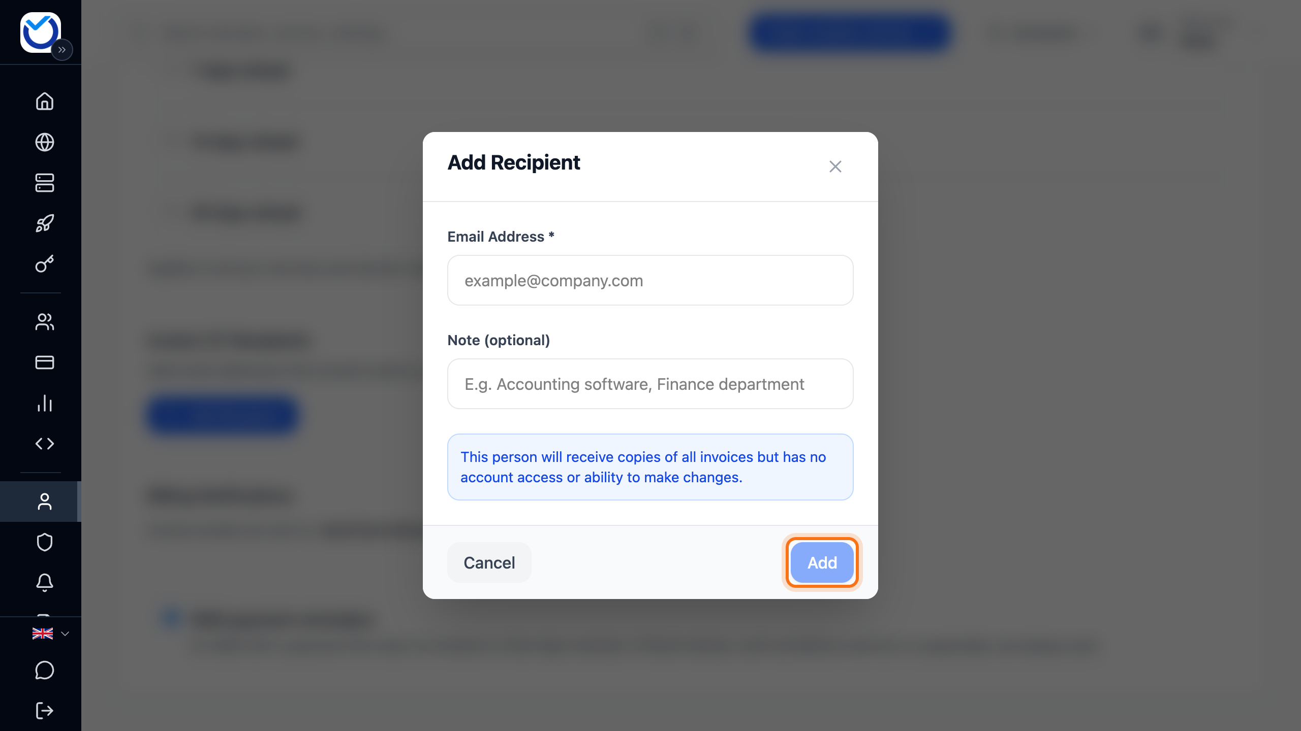 The Add Recipient dialog with the email and note fields and the Add button framed