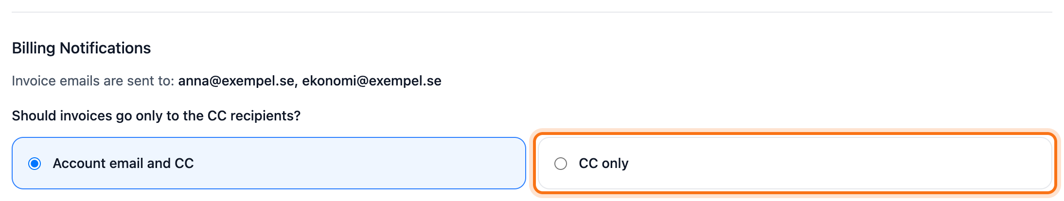 The billing notifications section with the CC only option framed