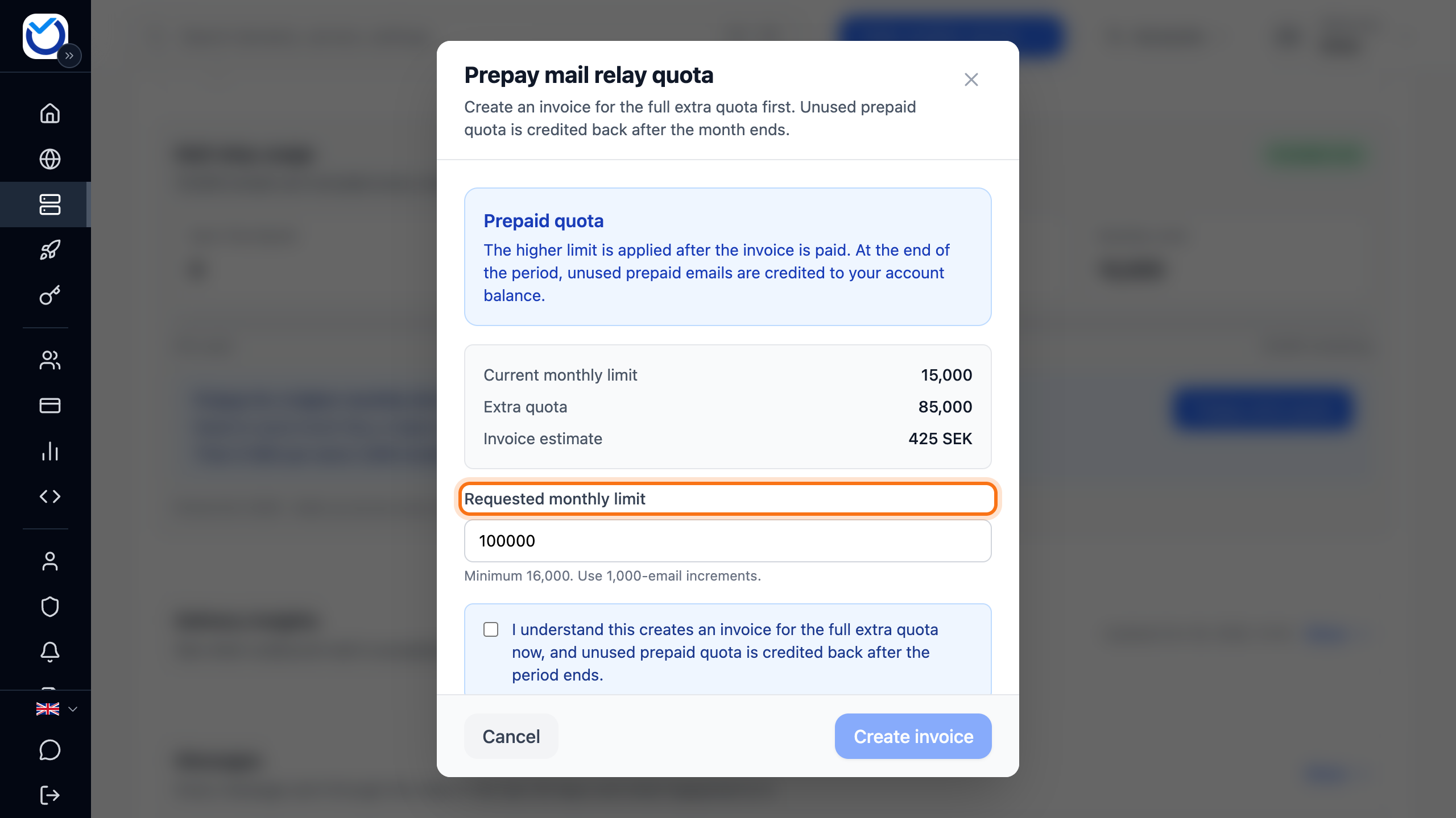 The Prepay mail relay quota dialog with the Requested monthly limit field framed