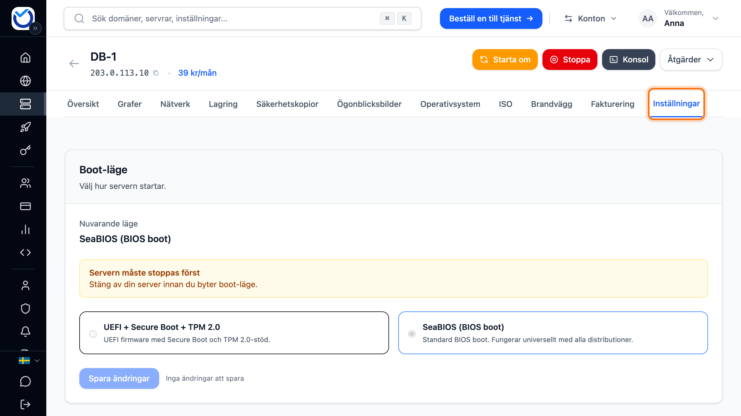 Serverns sida med fliken Inställningar markerad