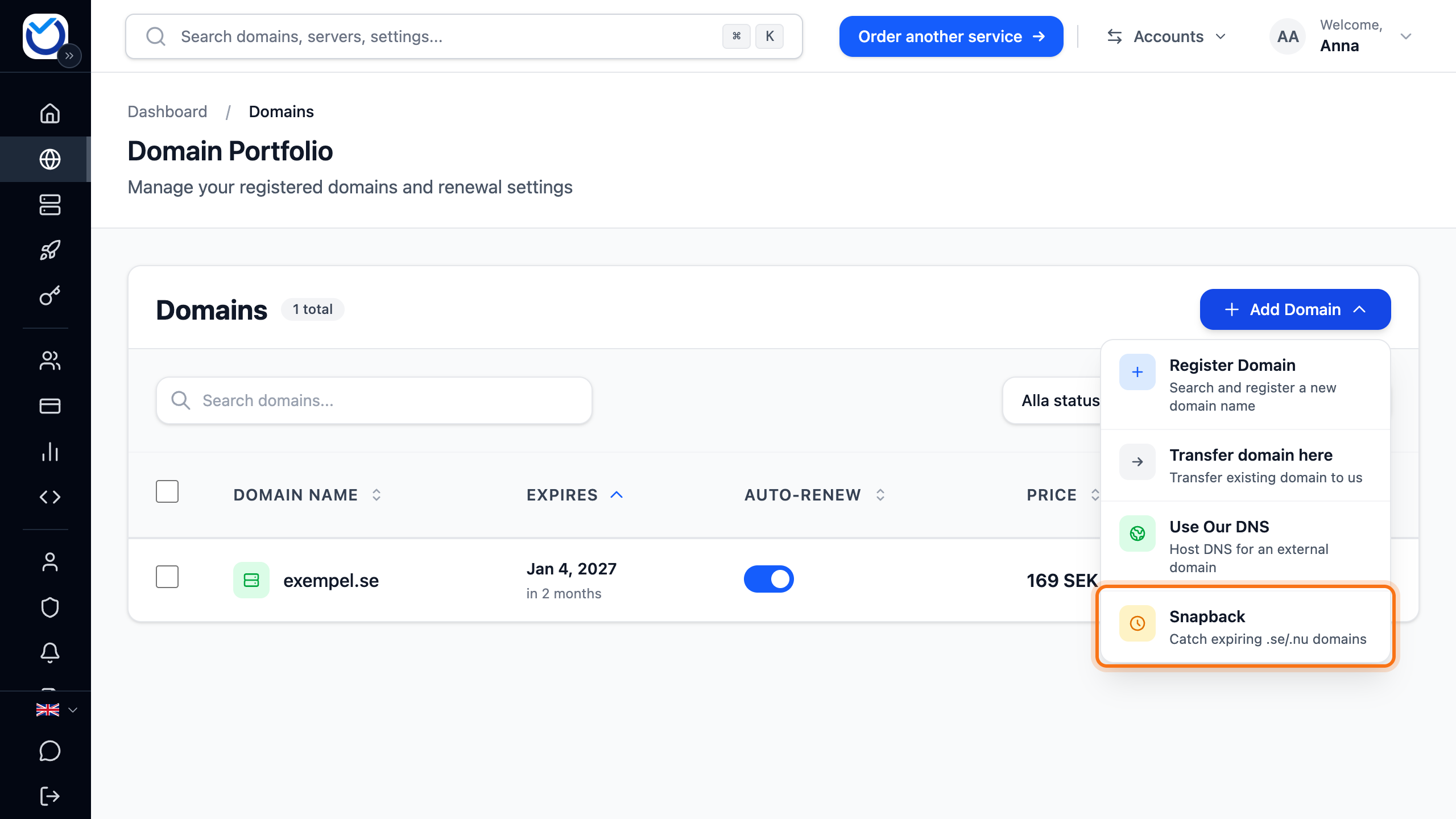 The Domains page with the Add Domain menu open and the Snapback option framed