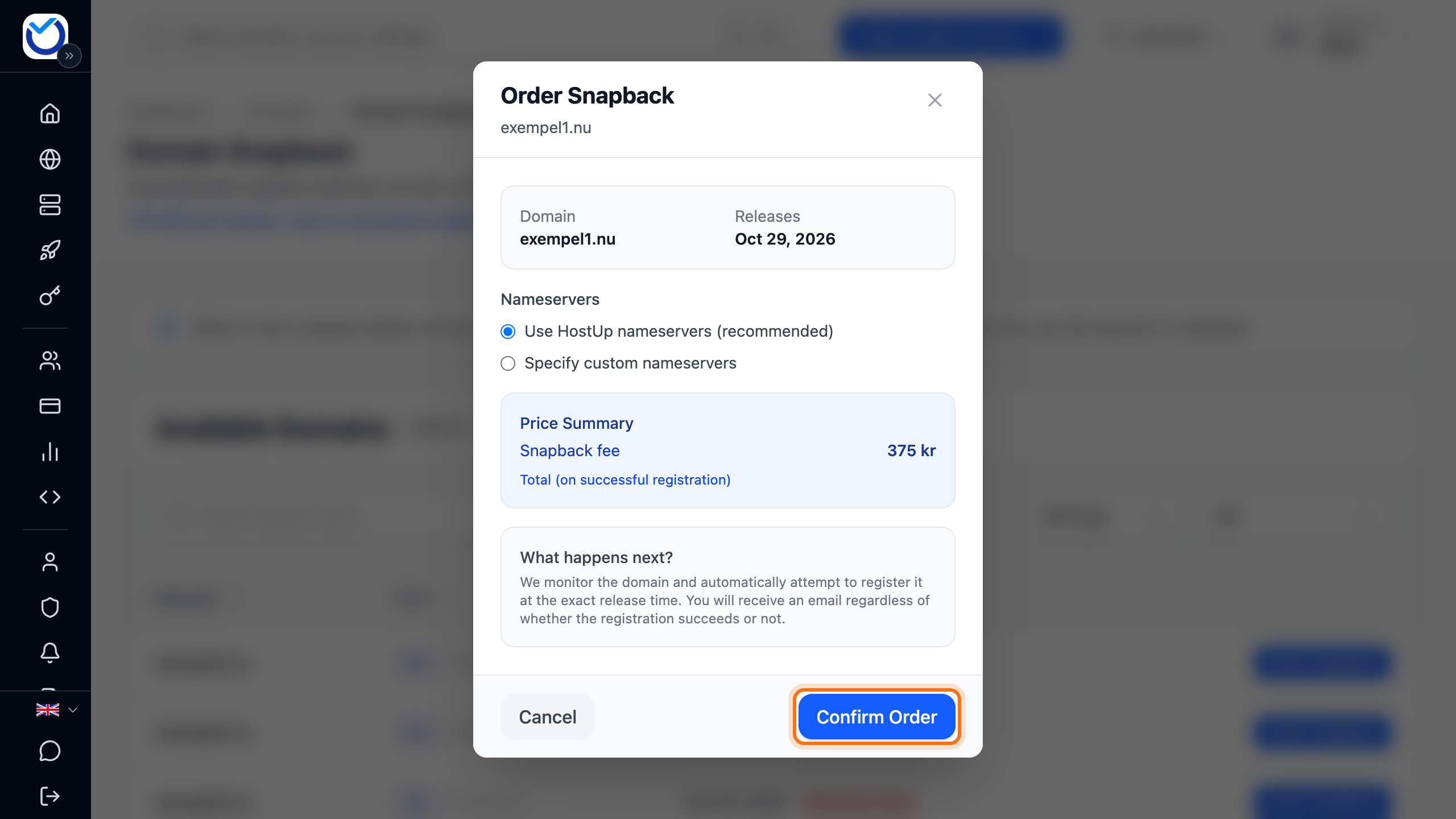 The Order Snapback dialog with nameservers and fee, and the Confirm Order button framed