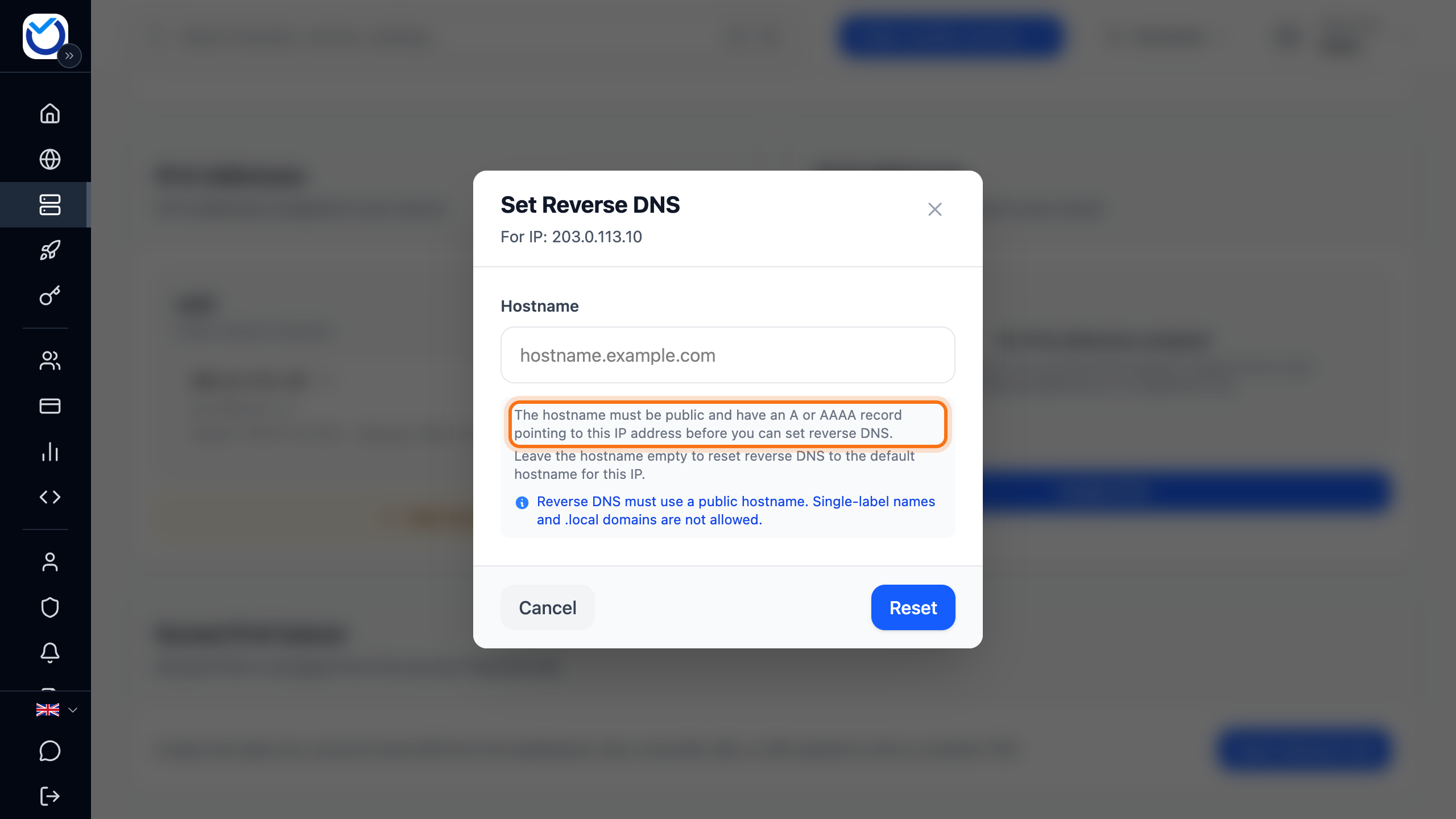 The Set reverse DNS dialog with the help text about the A and AAAA record framed