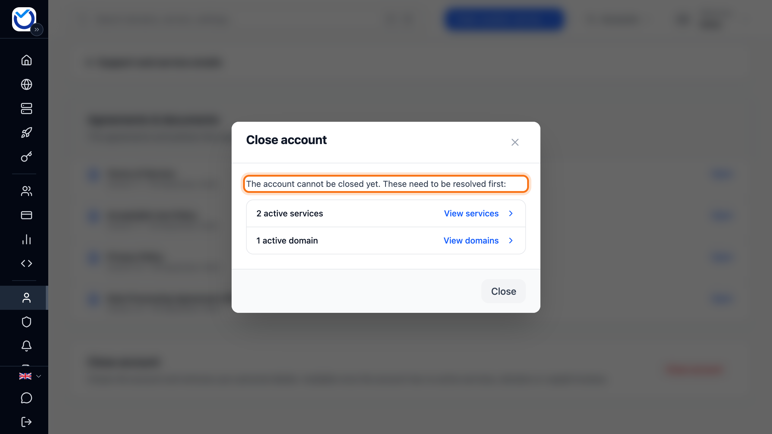 The Close account box when the account still has services, with the text The account cannot be closed yet framed