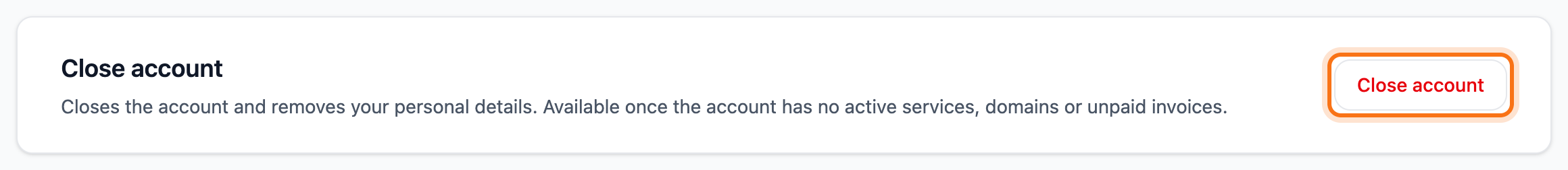 The Close account box at the bottom of the Account details tab with the Close account button framed