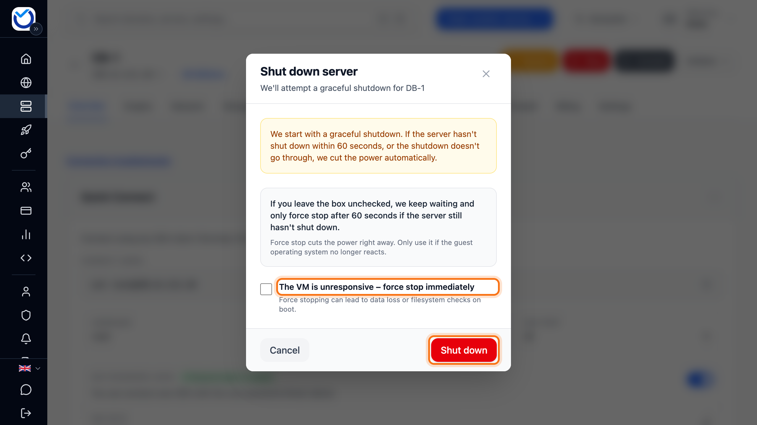 The Shut down server dialog with the forced shutdown option and the Shut down button framed