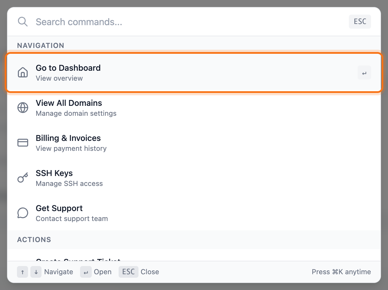 The search open with the most common shortcuts, Go to Dashboard framed