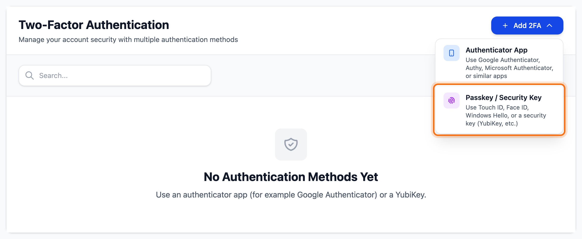 The Add 2FA menu with the Passkey / Security Key option framed