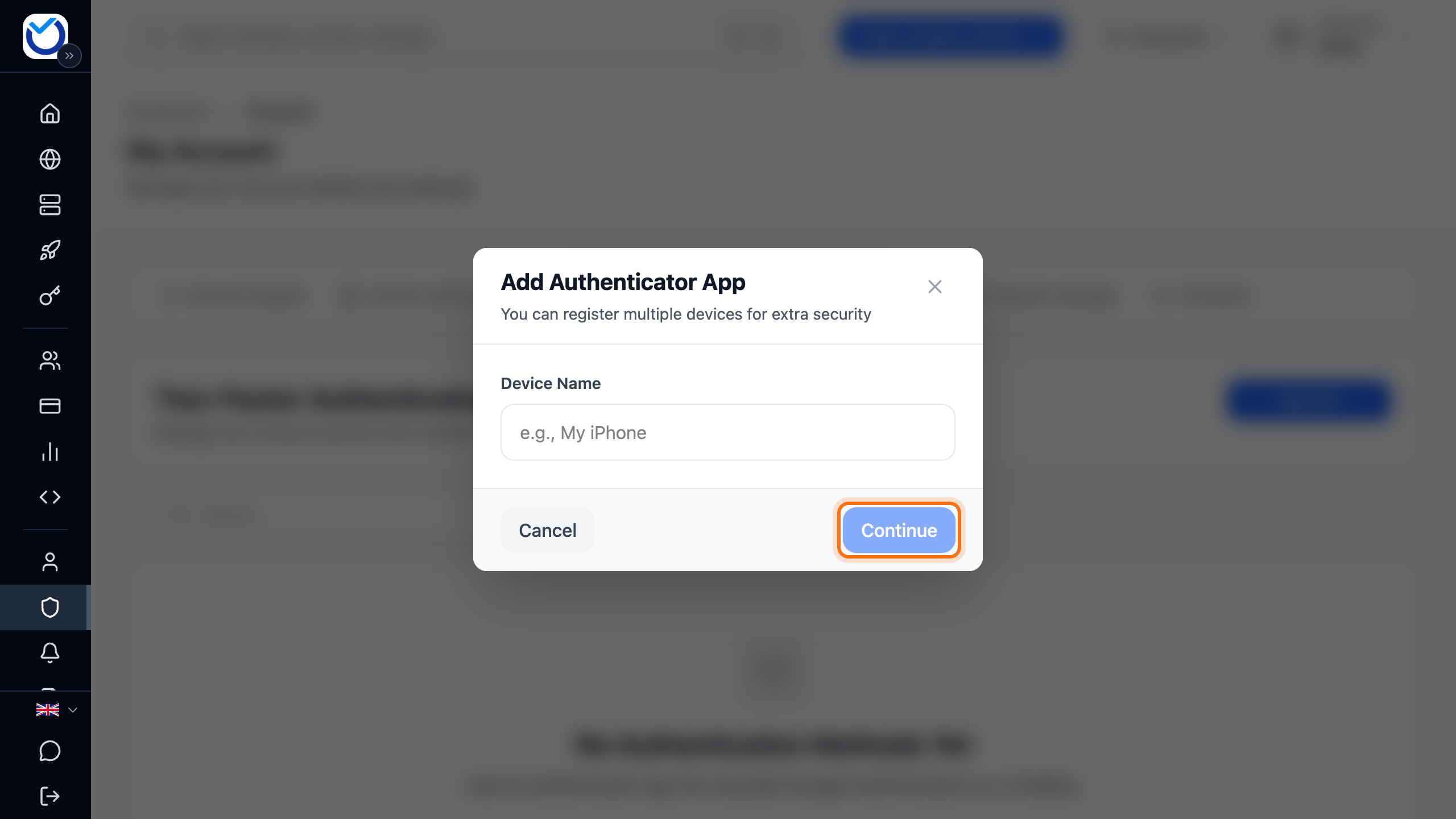 The Add Authenticator App dialog with the Device Name field. The Continue button is framed.