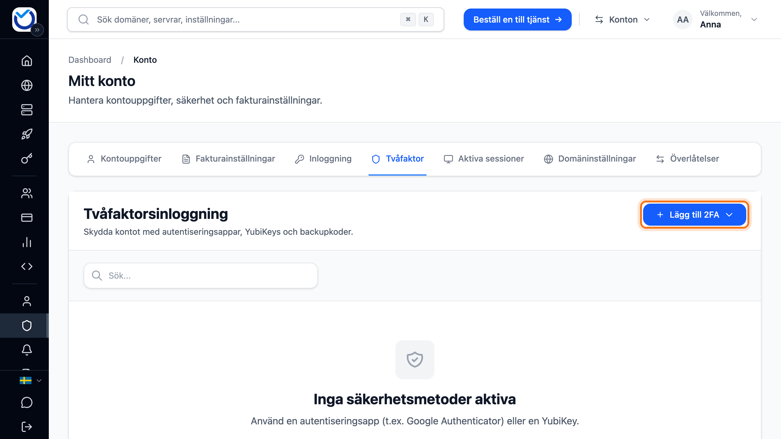 Fliken Tvåfaktor med knappen Lägg till 2FA markerad