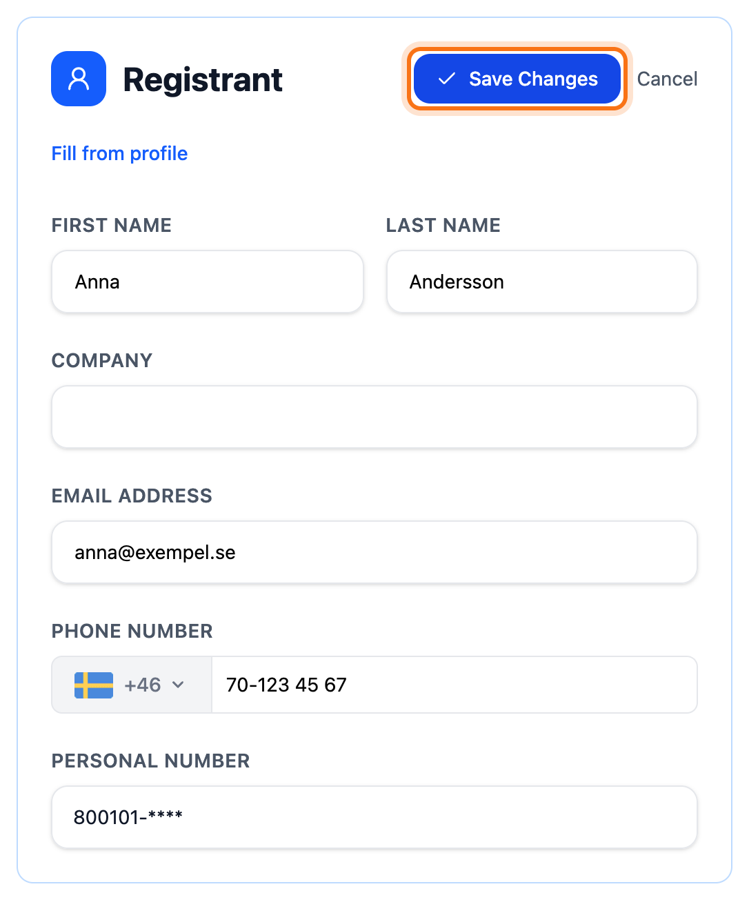 The form with the holder’s details and the Save Changes button framed