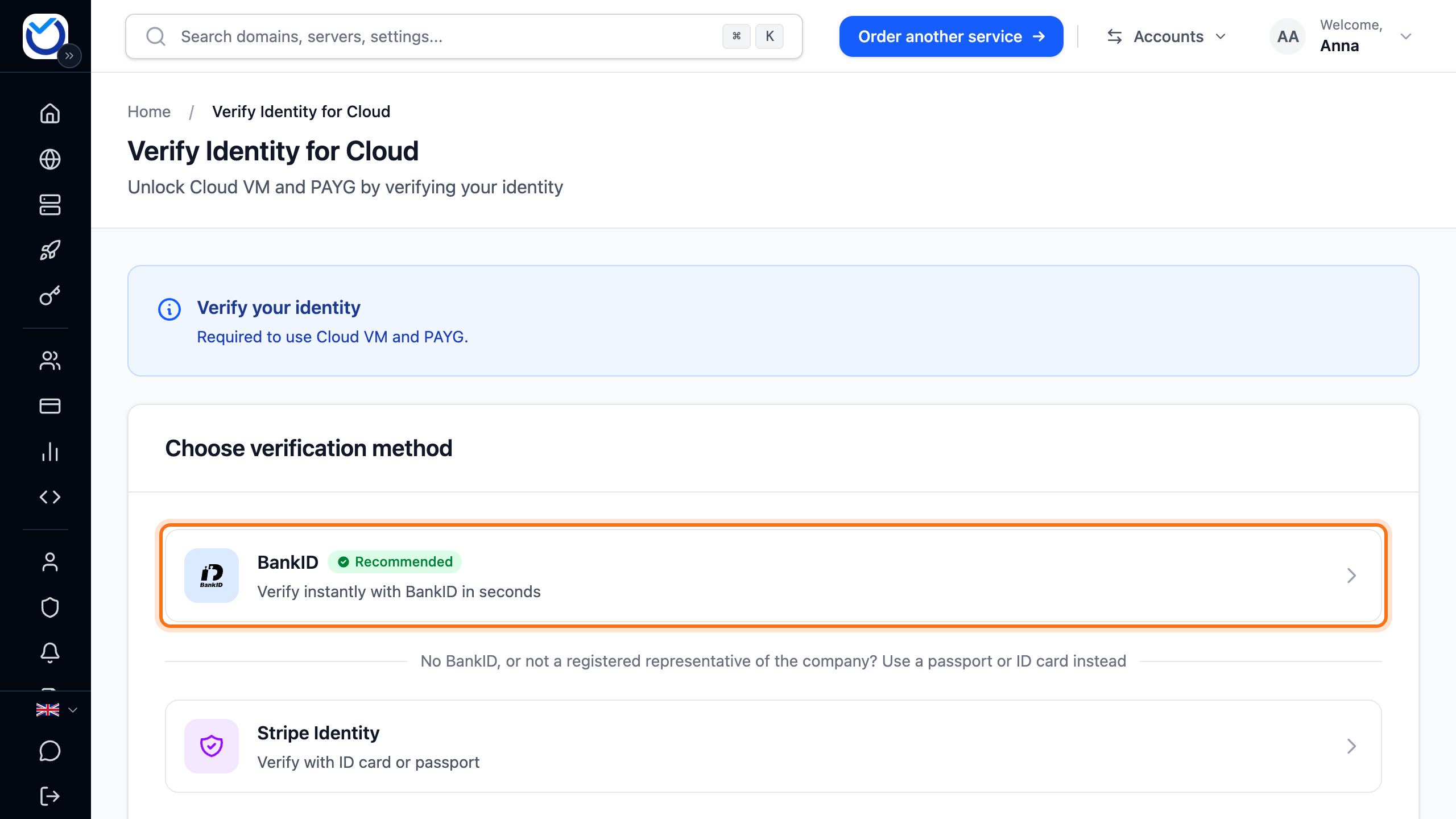 The Verify Identity page with the BankID and Stripe Identity options, with the BankID option framed