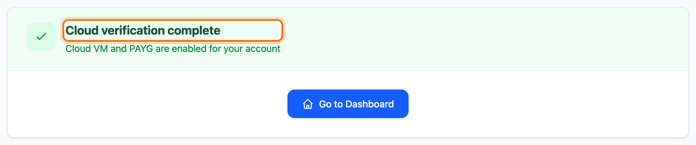 The verification page once the account is verified, with the Cloud verification complete heading framed