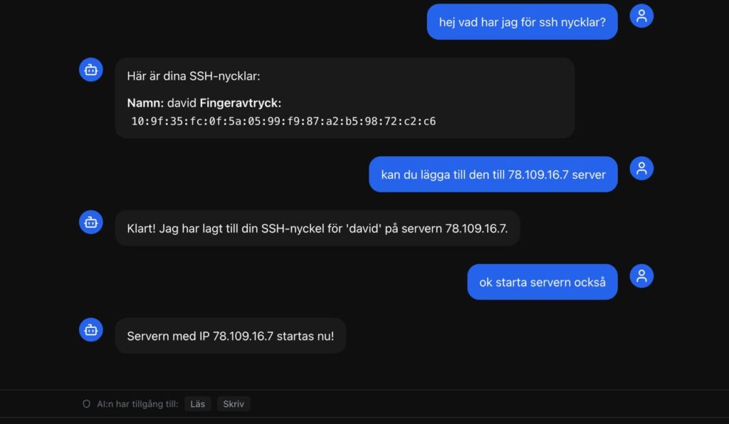 Ai-agent i HostUp som listar ssh-nyckel och lägger till den på vps via api