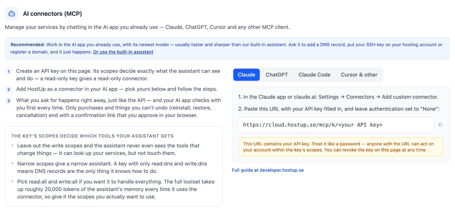 The AI connectors (MCP) card in the client area, with three steps on the left and tabs for Claude, ChatGPT, Claude Code and Cursor on the right.