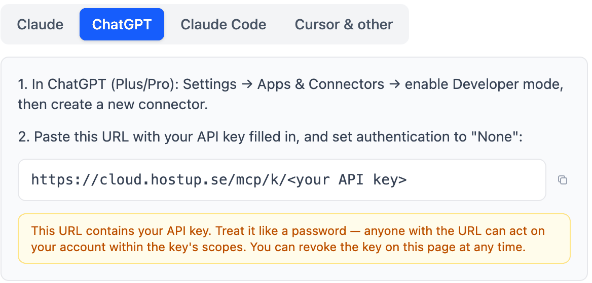 The ChatGPT tab in the AI connectors card, showing the instruction to enable Developer mode and the same MCP address.