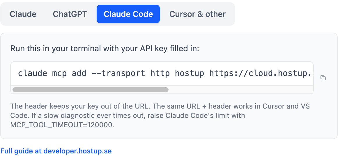 The Claude Code tab in the AI connectors card, with the claude mcp add command and a note about MCP_TOOL_TIMEOUT.