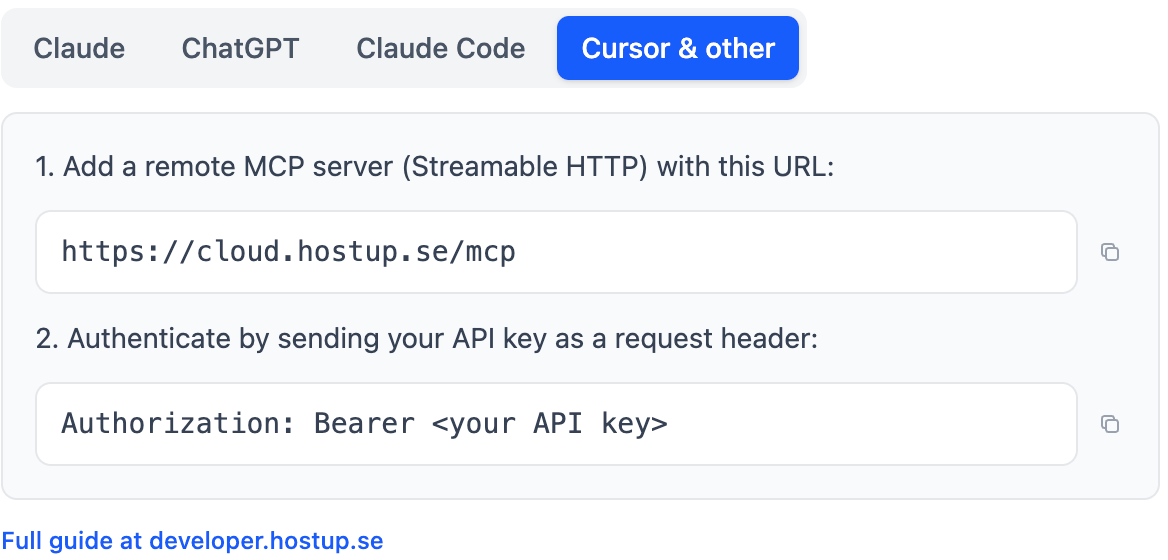 The Cursor & other tab in the AI connectors card, with the MCP address and the Authorization header.