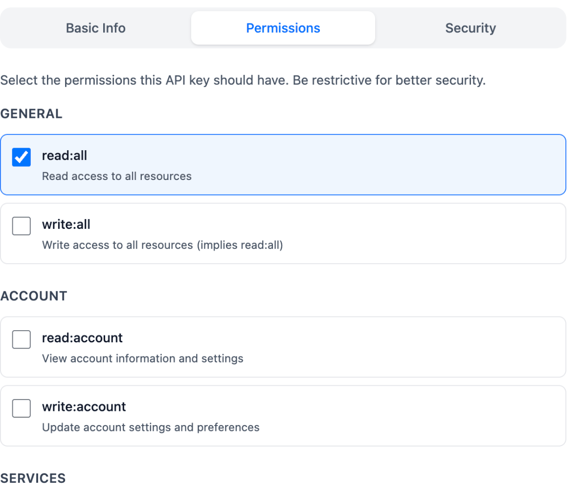 The Permissions tab while creating an API key. read:all is ticked, write:all is empty, and below them permissions are listed per area such as read:account and write:account.