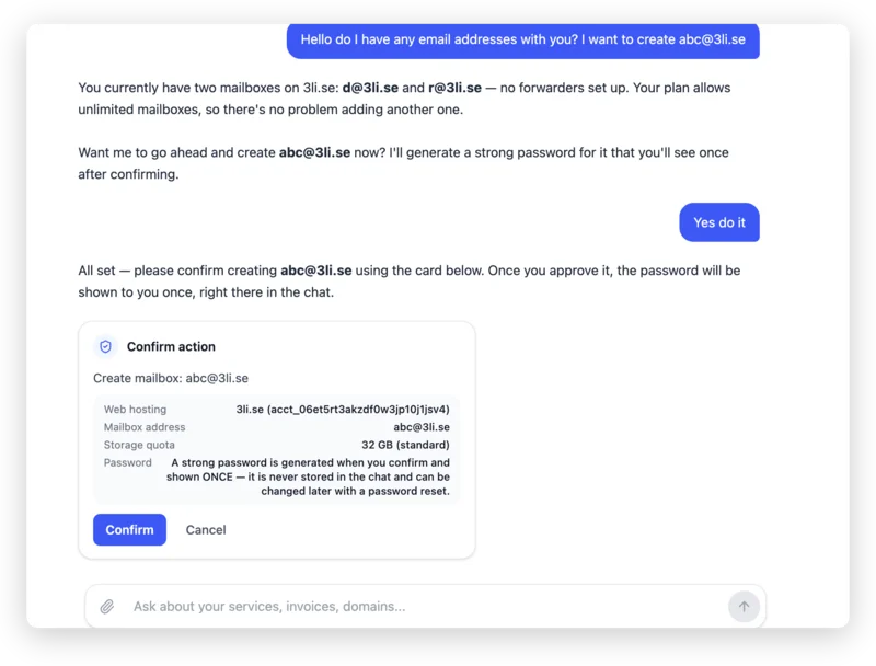 The AI assistant in the client area creates an email account on request in the chat – you confirm before anything is executed