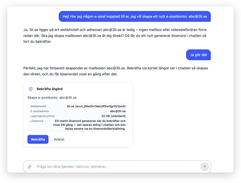 HostUp-assistenten i kundzonen skapar ett e-postkonto på begäran i chatten – du bekräftar innan något utförs