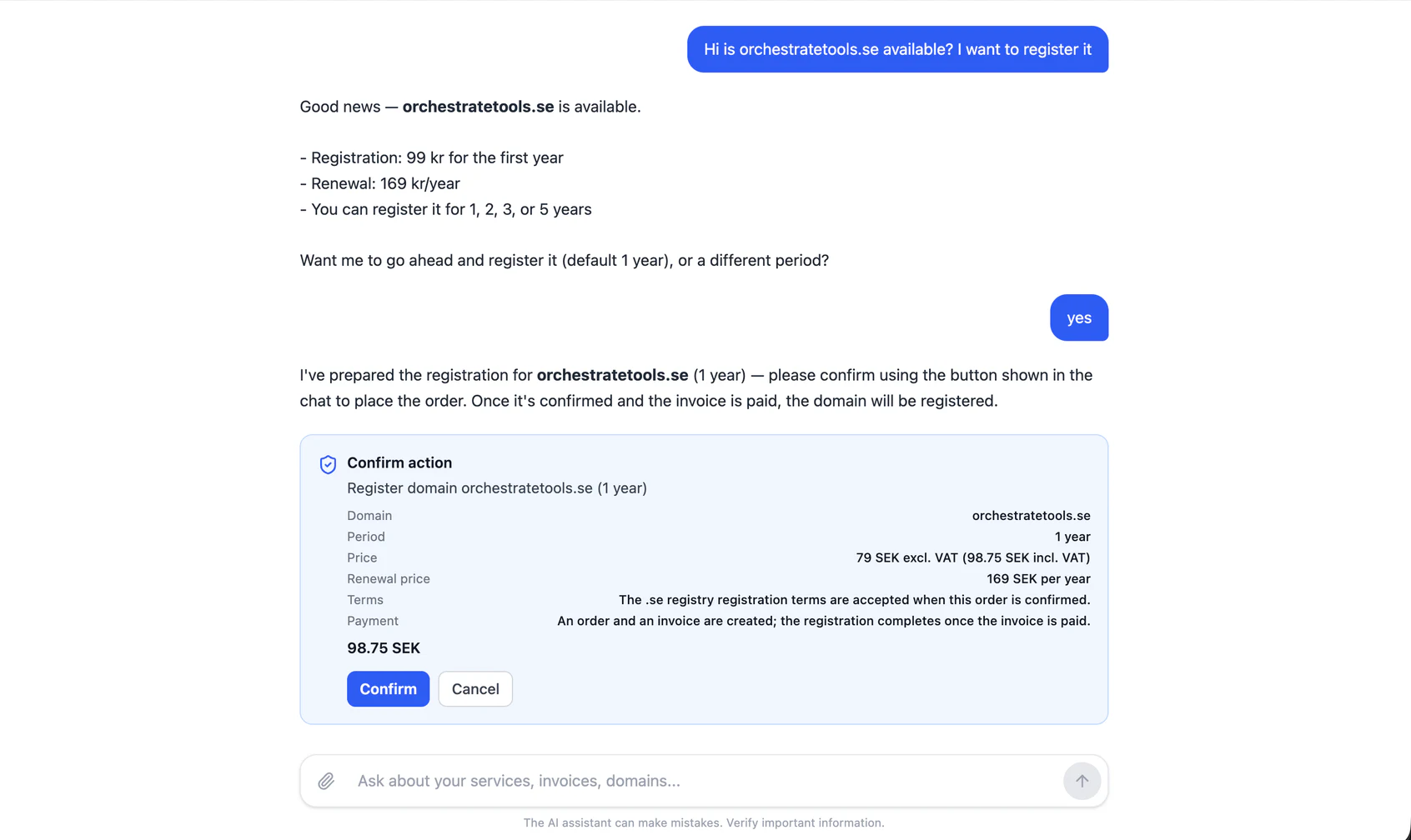Chatt där AI-assistenten kollar att en .se-domän är ledig, visar priset och väntar på bekräftelse innan registrering