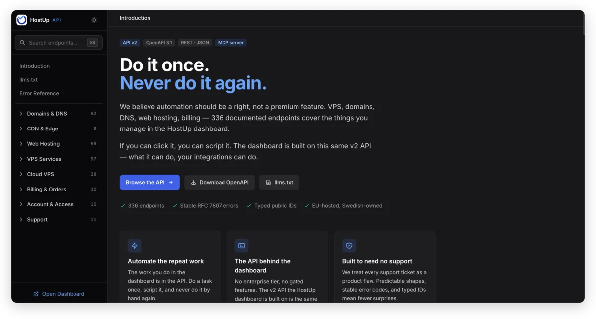 API-dokumentationen på developer.hostup.se med alla endpoints dokumenterade