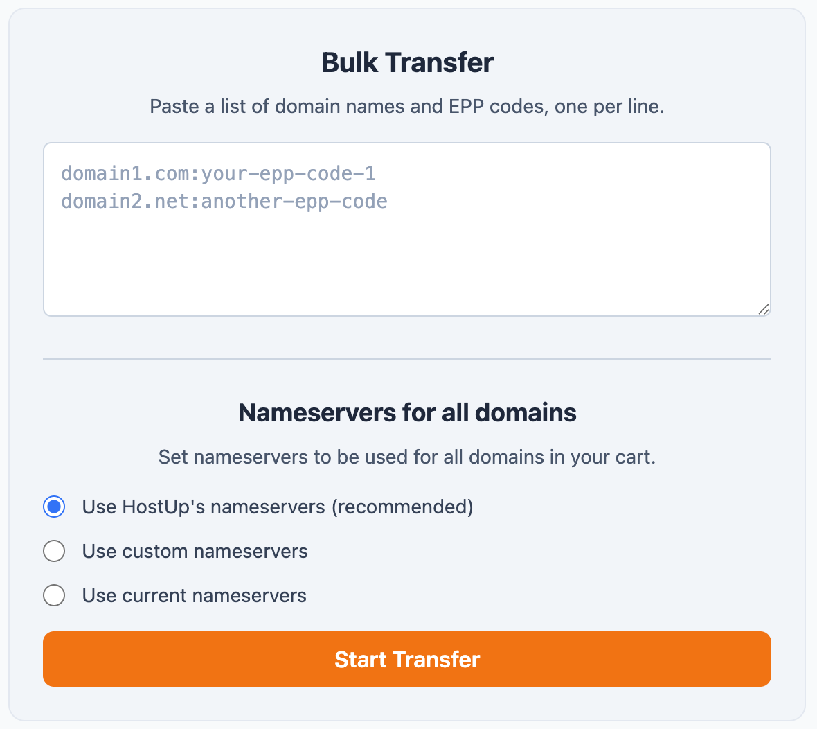 Bulk domain transfer management - screenshot